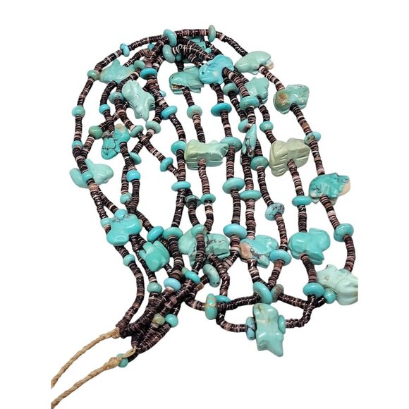 Antique Turquoise Carved Animal Stations Heshi Necklace Multistrand 24" Detailed - Picture 3 of 16